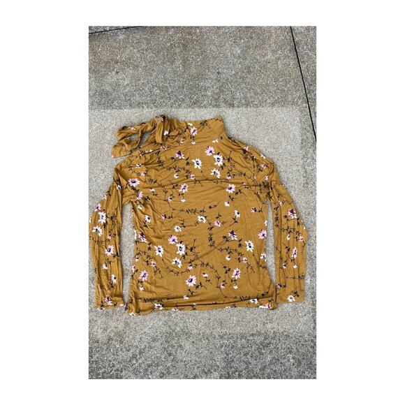 Ann Taylor Shirt Women Size Medium Mustard Floral Tie Neck Long Sleeve Blouse - Picture 5 of 5